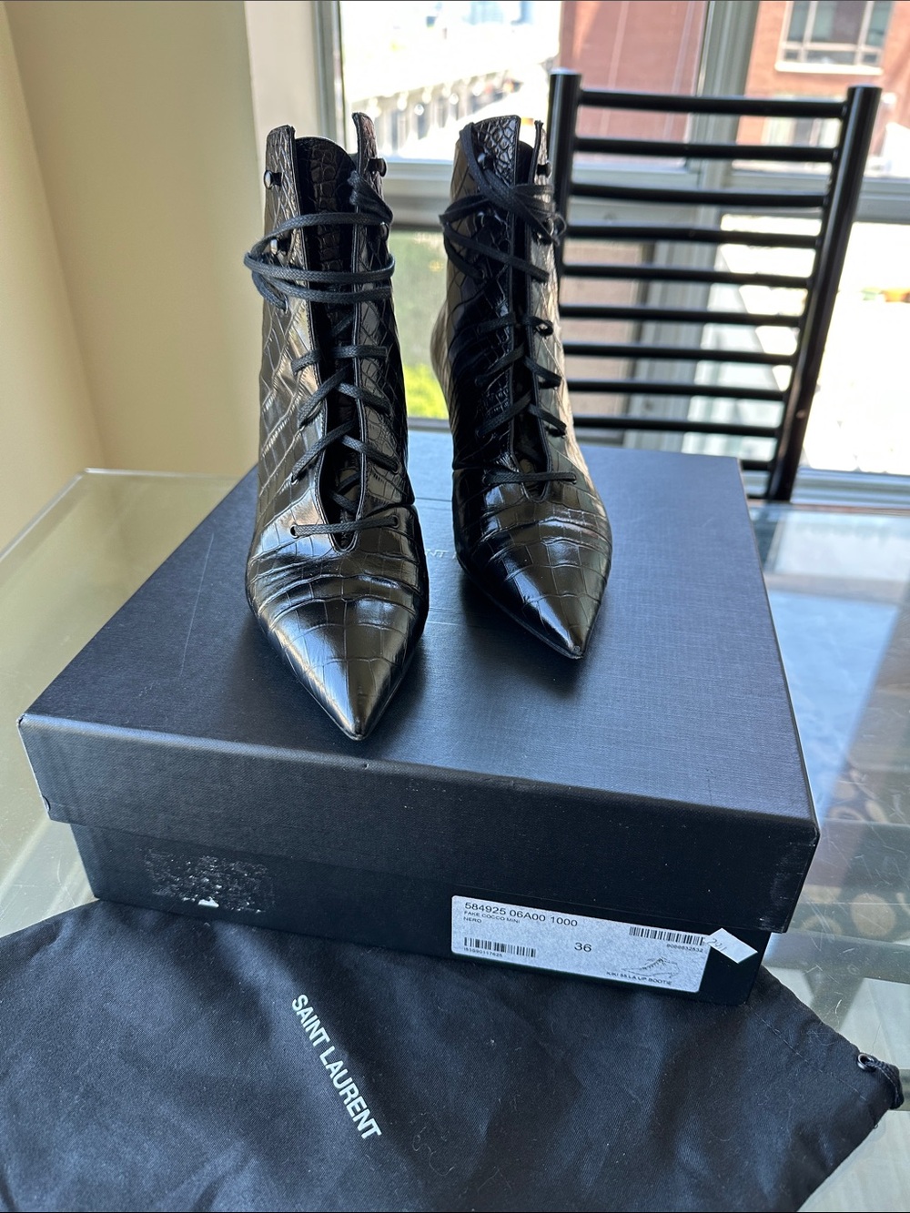 Saint Laurent Black Croc-Embossed Lace Up Boots - Mini kitten heel for comfort.